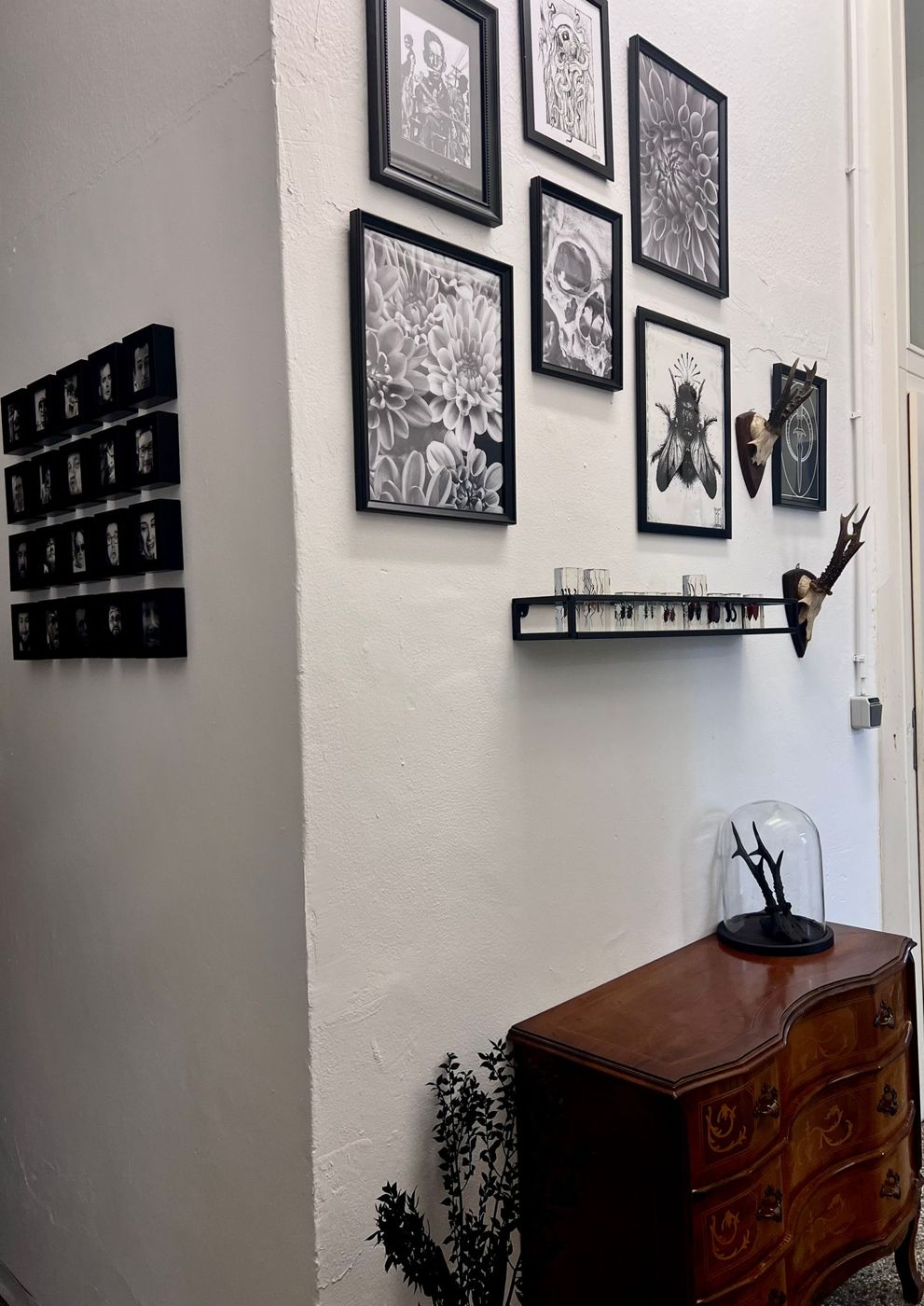 Weiße Wand mit gerahmten Prints, Kommode und Glasglocke